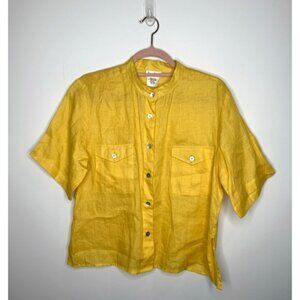 VTG Neiman Marcus 100% Linen‎ Top Womens Medium Yellow Band Collar Boxy Made USA